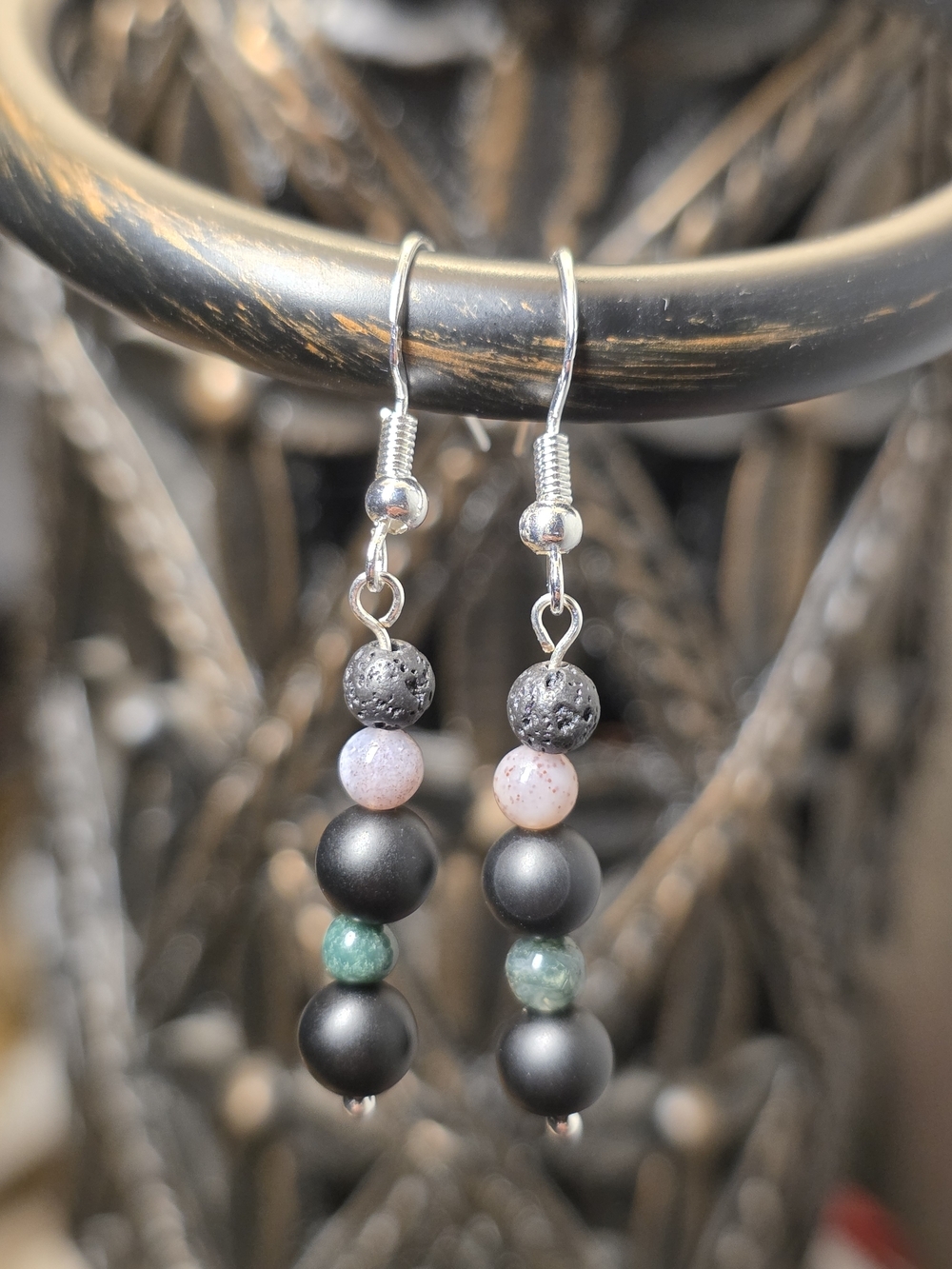 Matte Onyx, Indian Agate, Pink Quartz, Lava Sterling Silver Beaded Earrings
